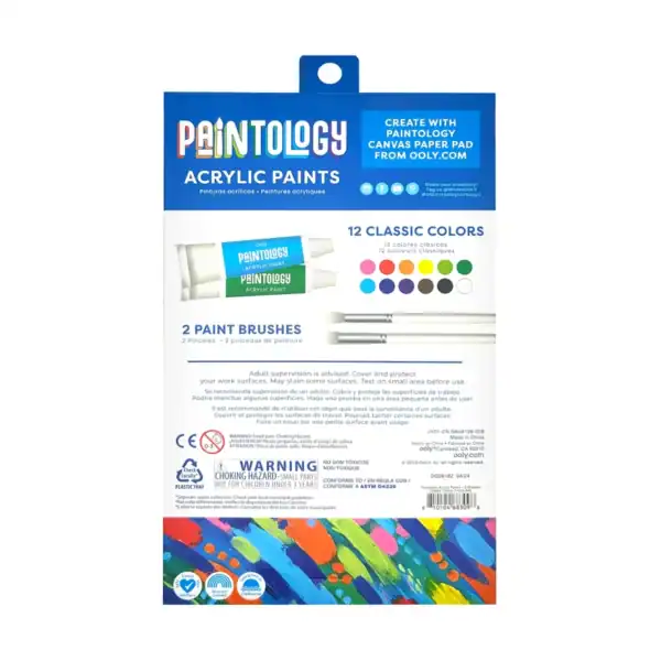 Paintology acrylic paints set with 12 colors, brushes.