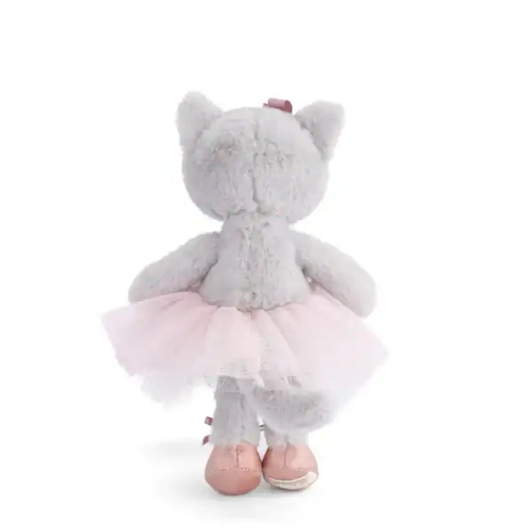 Gray plush cat toy in pink tutu outfit.