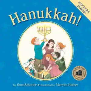 Hanukkah children's book cover with family illustration.