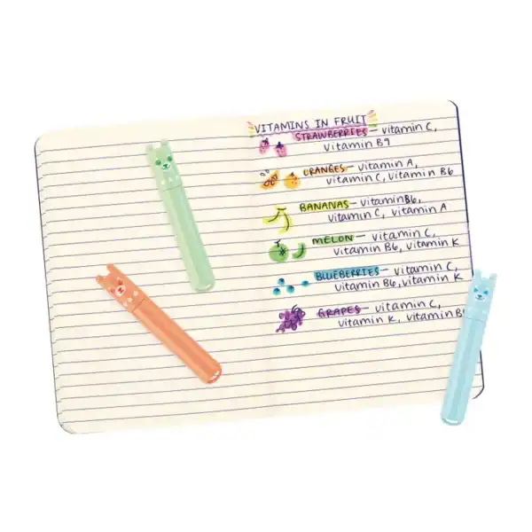 Notebook with fruit vitamins list and colorful pens.