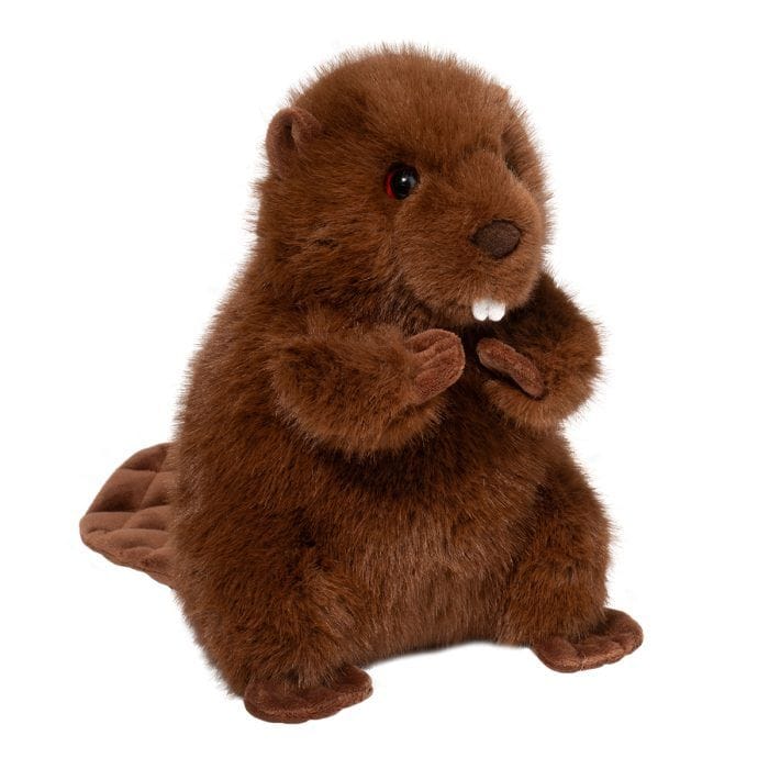 Plush beaver toy with furry brown coat.