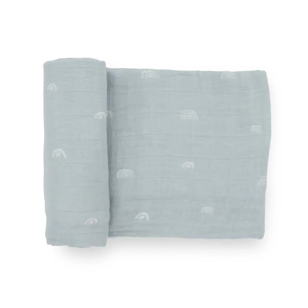 Light blue muslin cloth with rainbow patterns