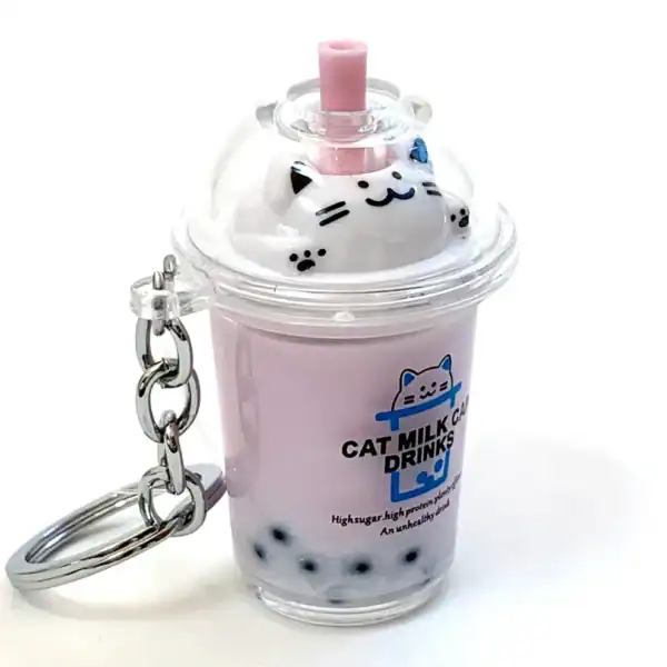 Pink cat-themed bubble tea keychain