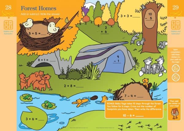 Math worksheet with animal illustrations and equations.