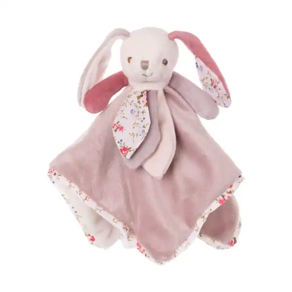 Plush bunny security blanket with floral details.