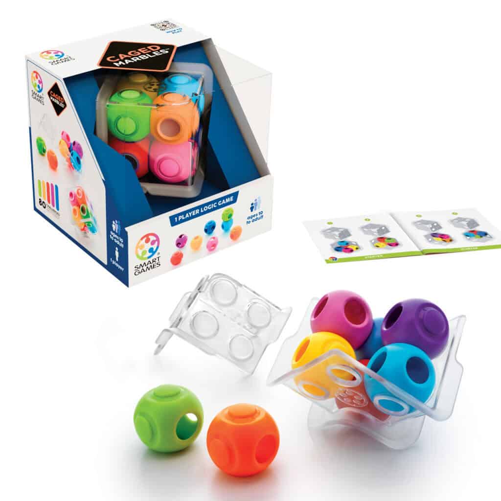 Caged marbles logic game with colorful pieces.