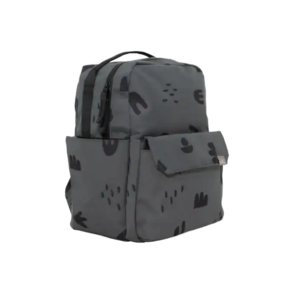 Gray backpack with black abstract pattern design.