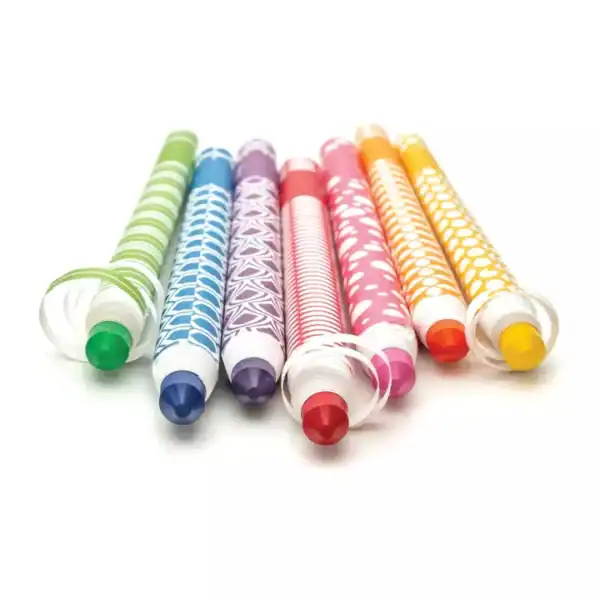Colorful patterned markers arranged in a row.
