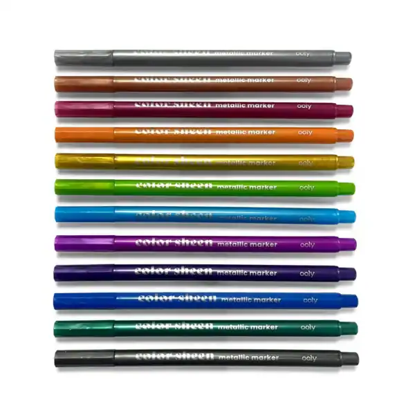 Colorful metallic markers set arranged in a row.