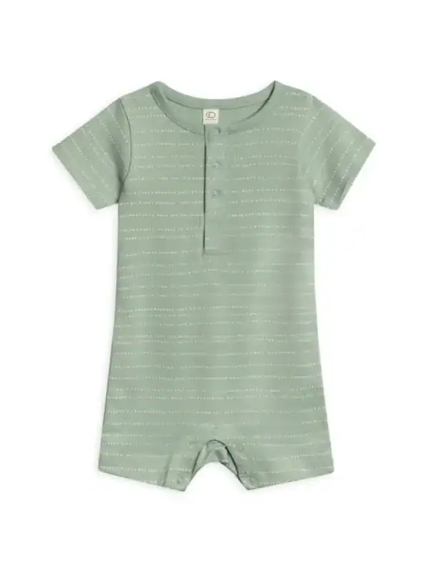Green striped baby romper with buttons.