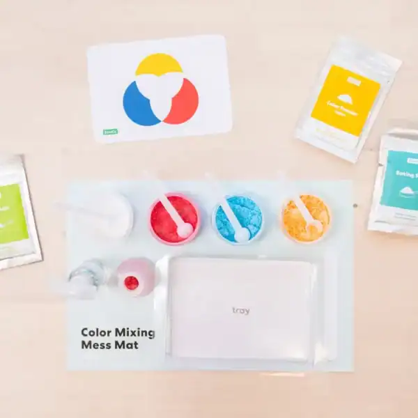 Color mixing set with powders and chart.
