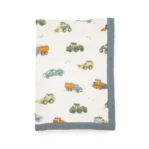 Baby blanket with vehicle pattern and gray trim