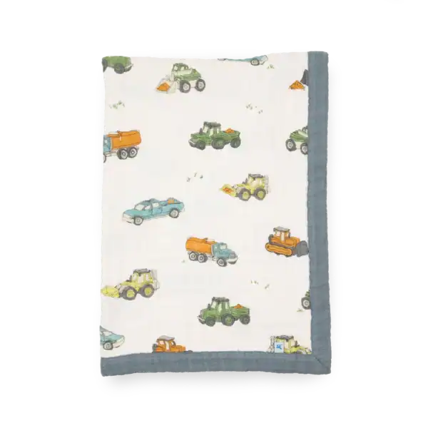 Baby blanket with vehicle pattern and gray trim