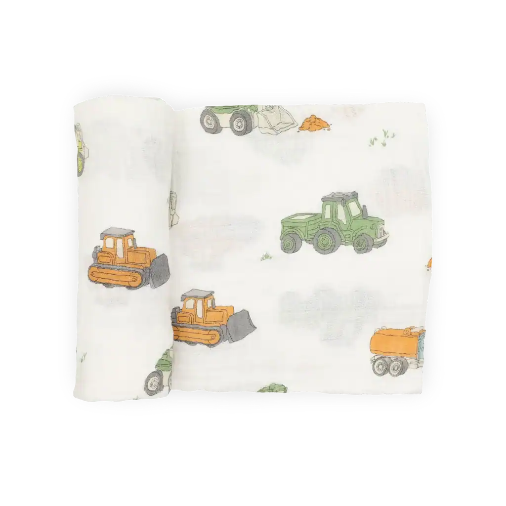 Printed fabric with colorful construction vehicles