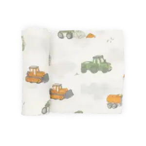 Printed fabric with colorful construction vehicles