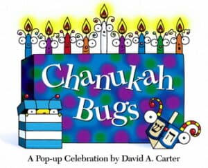 Chanukah Bugs book cover with candles and cartoon bugs.