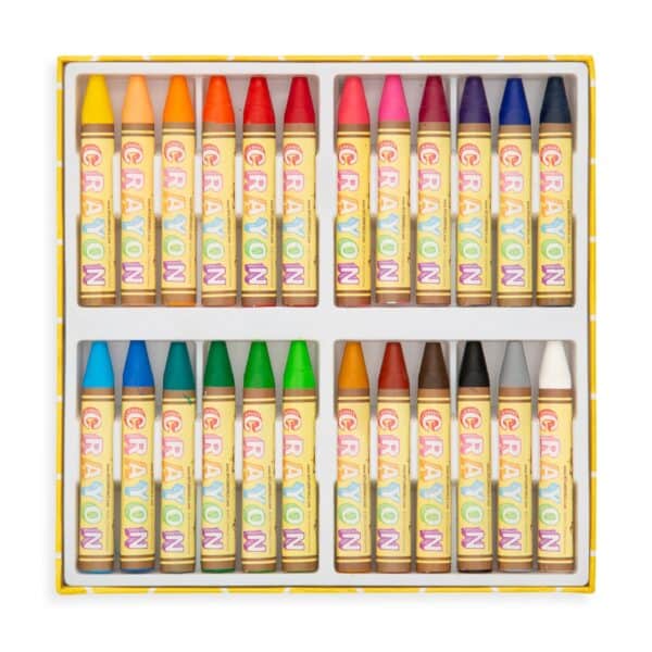 Box of colorful crayons arranged in rows.