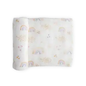 White baby blanket with colorful rainbow pattern.