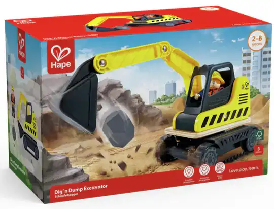 Hape toy excavator for children ages 2-8.