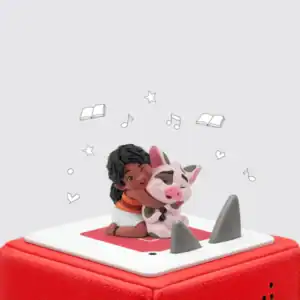 Figurine of girl hugging a pig on speaker.