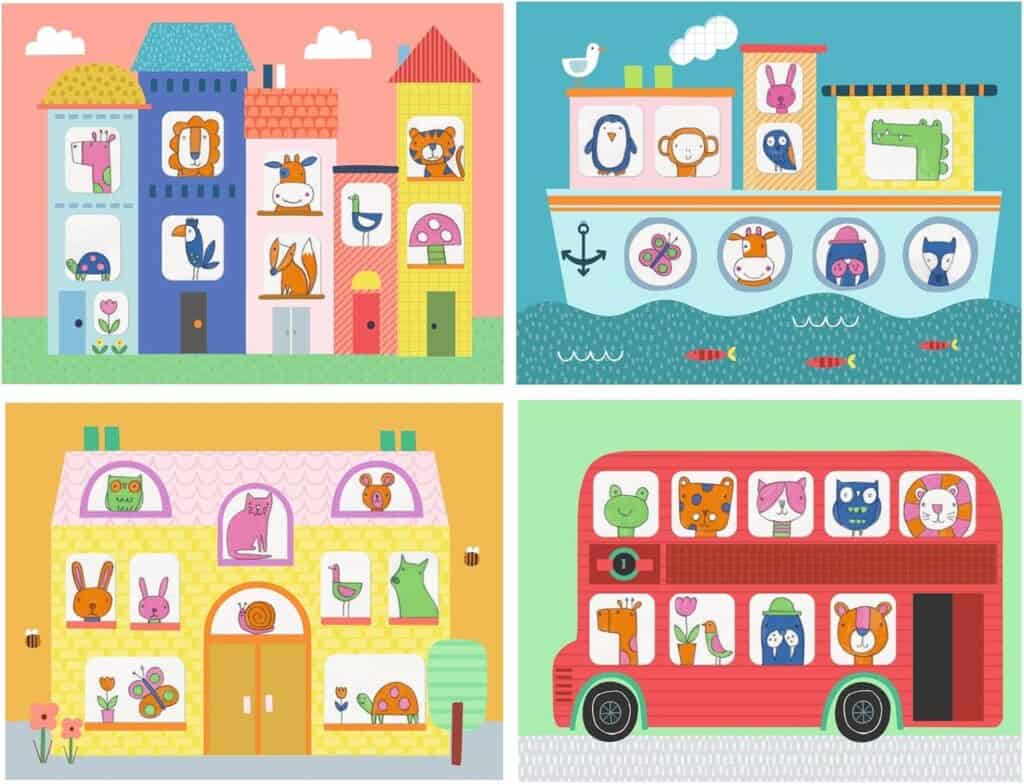 Illustrated animals on buildings, bus, and boat.