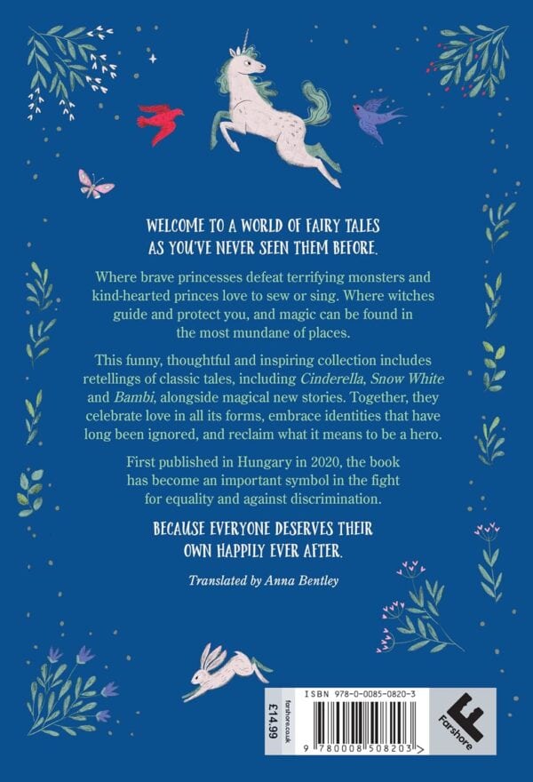 Fairy tale book cover with unicorn illustration.