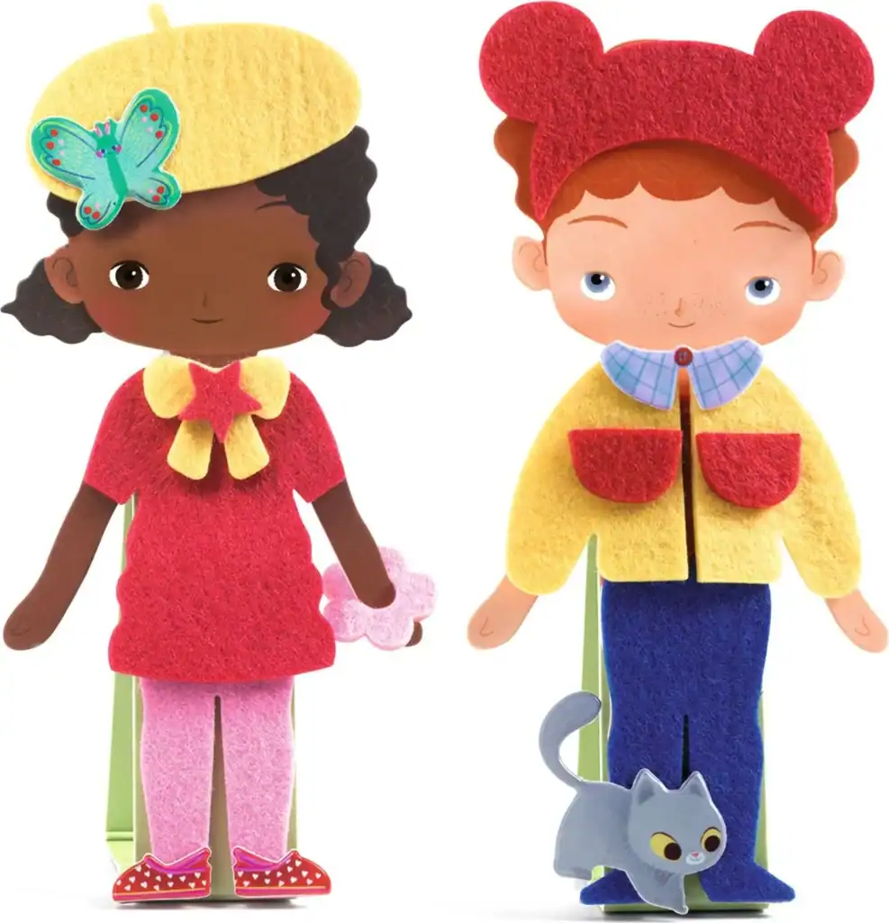 Cute felt children with butterfly and cat.
