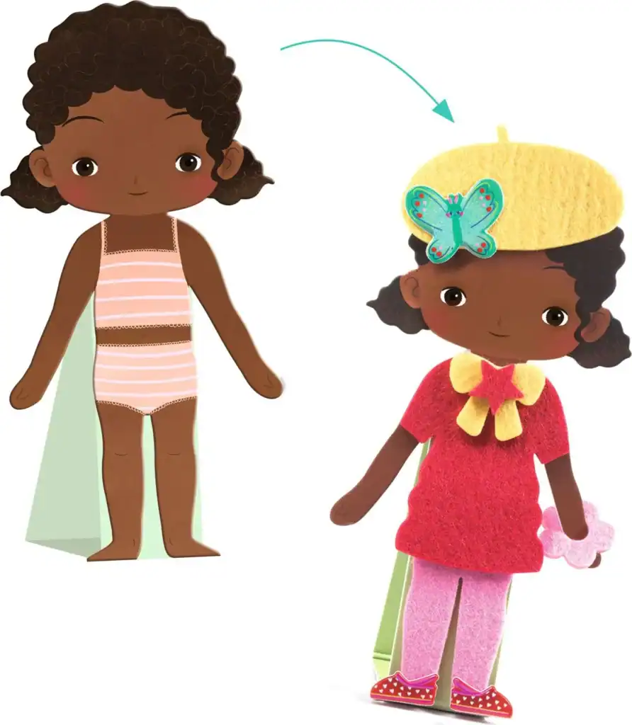 Paper dolls with interchangeable outfits and accessories.