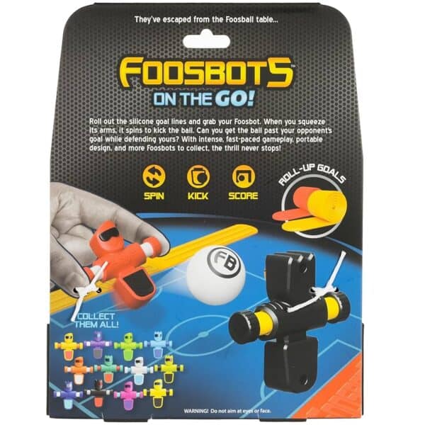 Foosbots toy packaging with interactive game features.