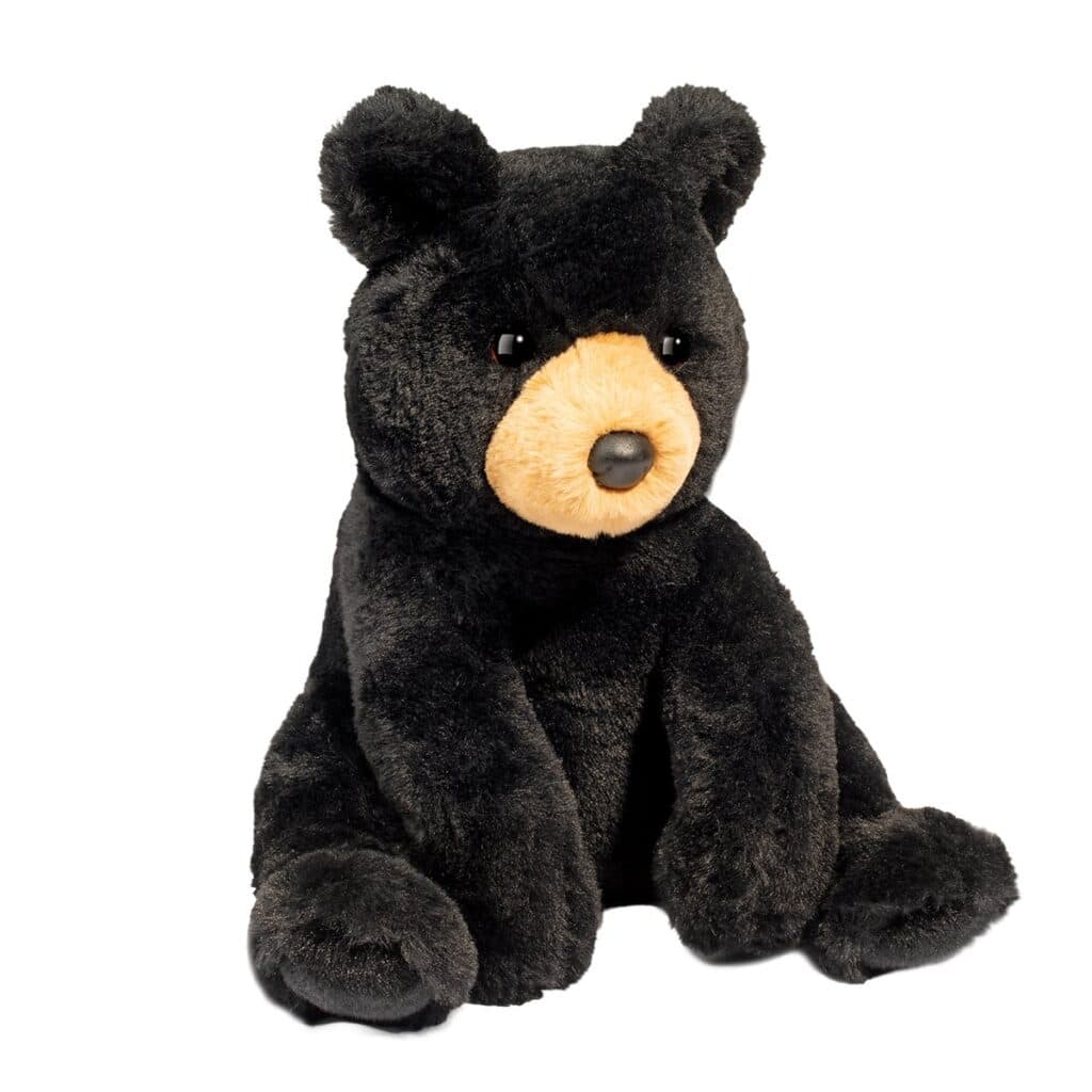 Black teddy bear with tan snout and ears.