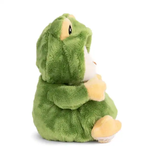 Plush hamster in green dinosaur costume