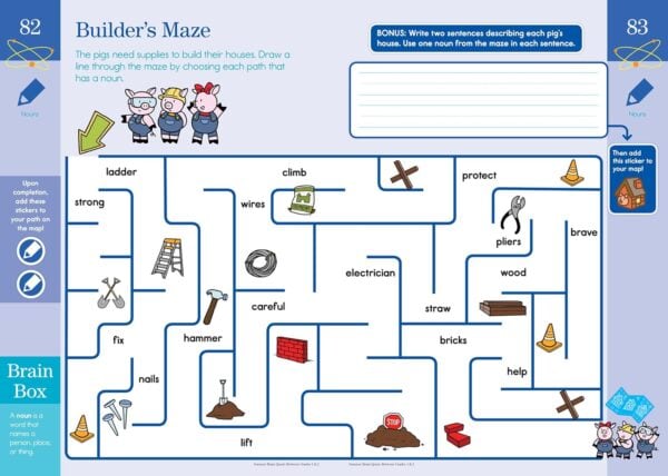 Builder's maze with nouns for pigs' house supplies.