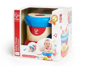 Hape baby drum in colorful packaging.
