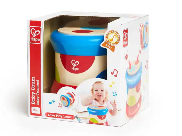 Hape baby drum in colorful packaging.