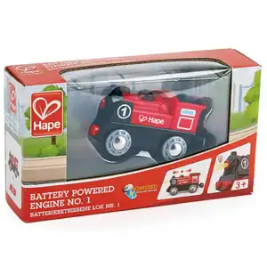 Hape battery powered toy train engine in box.