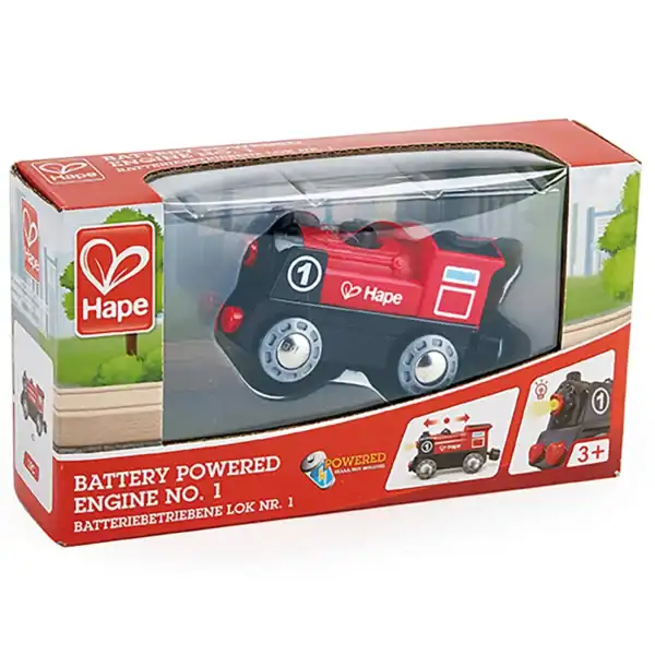 Hape battery powered toy train engine in box.