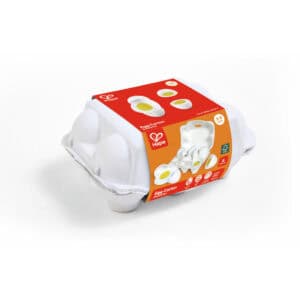 Toy egg carton with white eggs and yolks