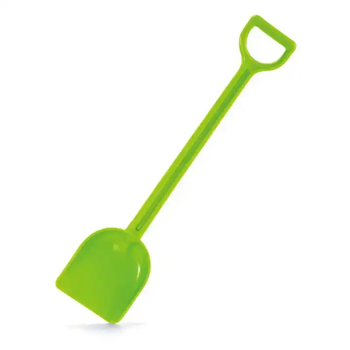 Green plastic toy shovel for sand play.