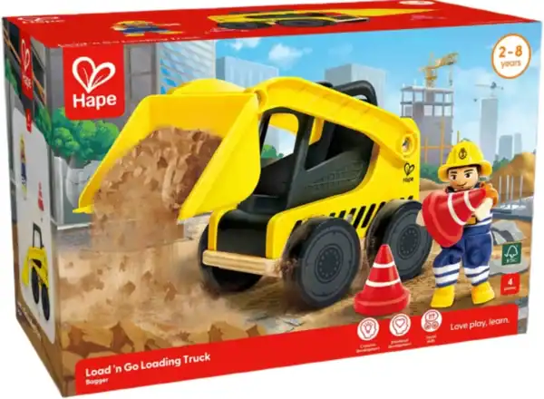 Toy construction truck with worker figure on box