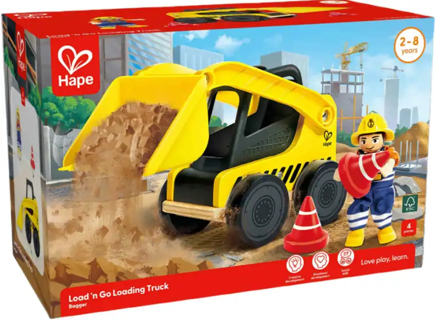 Toy construction truck with worker figure on box