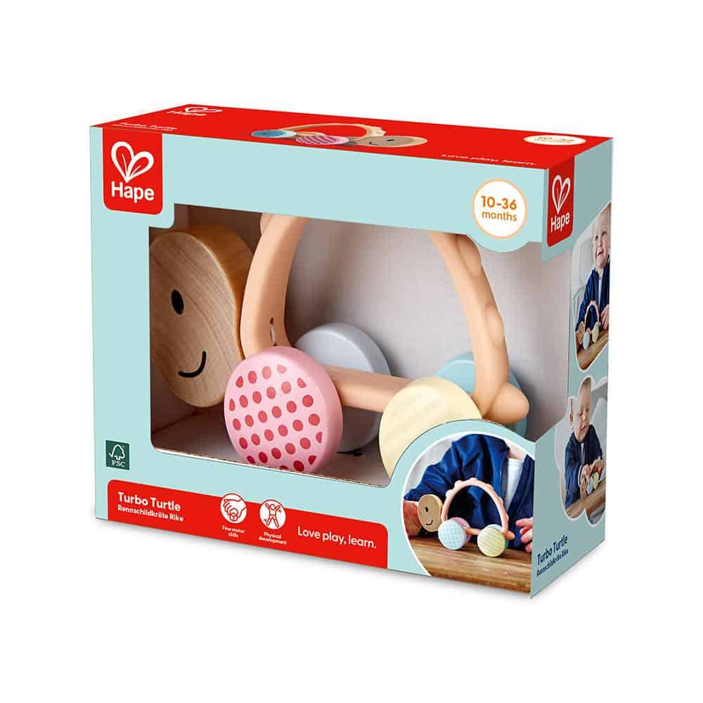 Hape Turbo Turtle wooden toy for toddlers, ages 10-36 months.