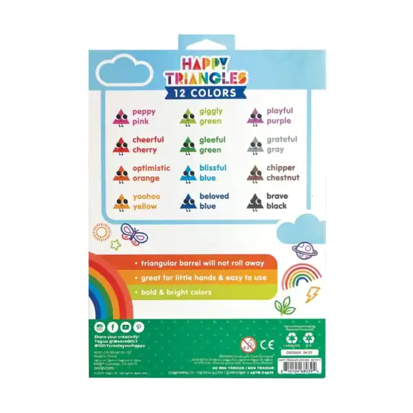 Colorful triangular crayons in 12 vibrant shades.
