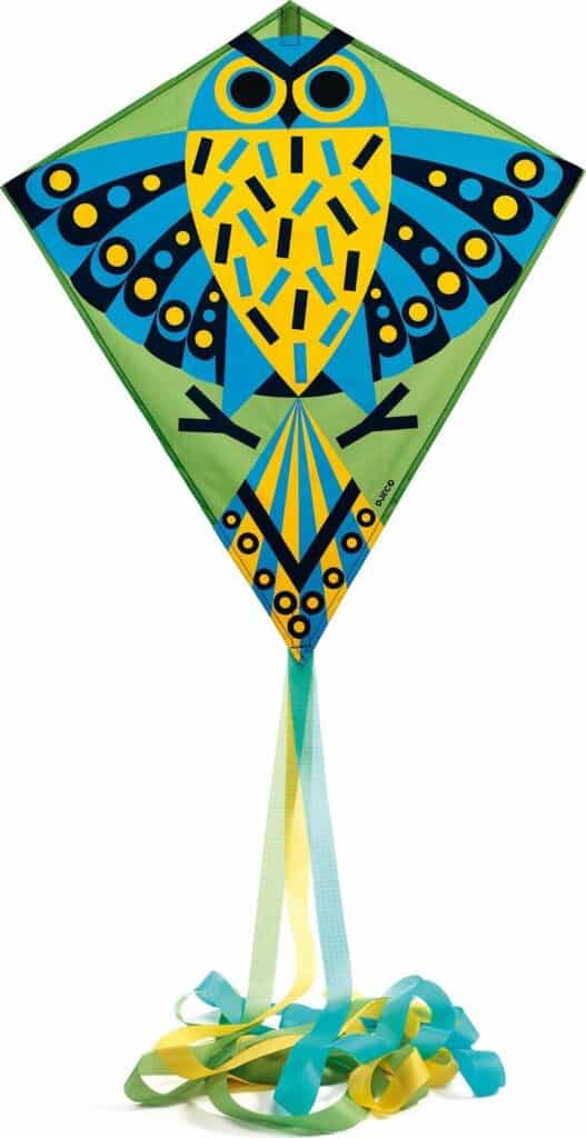Colorful owl-shaped kite with ribbons