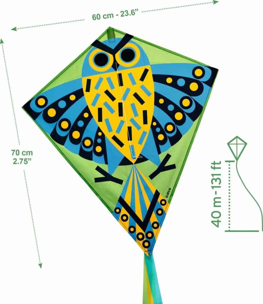 Colorful owl-shaped kite with dimensions.