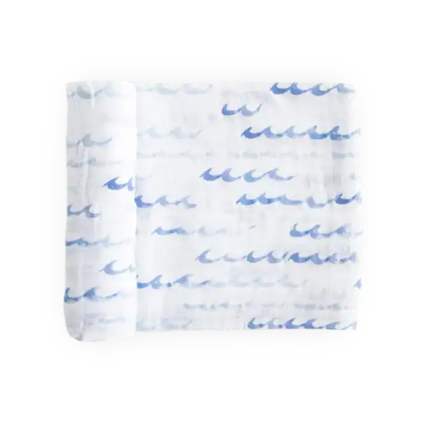White fabric with blue wave patterns