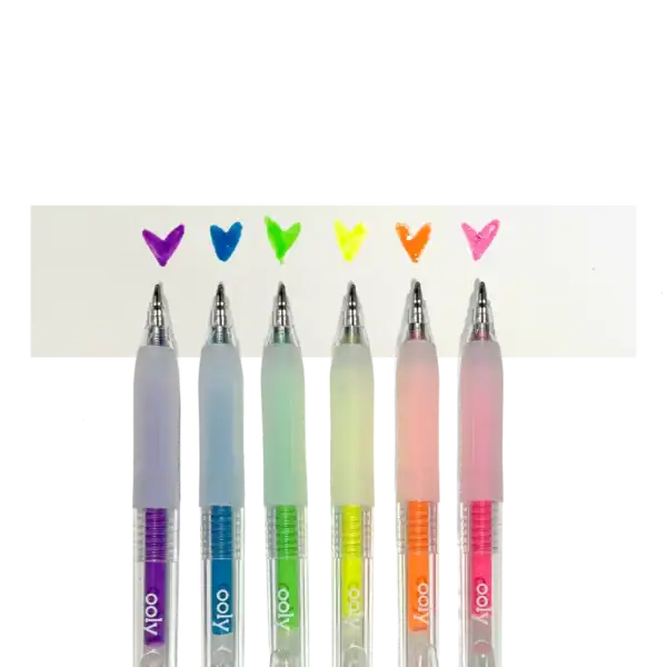 Six colorful pens with matching heart doodles