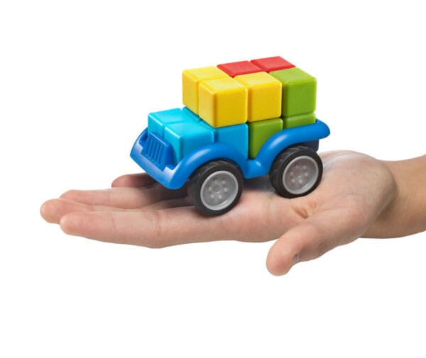 Toy truck with colorful blocks on hand