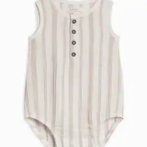 Striped baby sleeveless romper with buttons front.