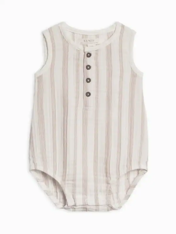 Striped baby sleeveless romper with buttons front.
