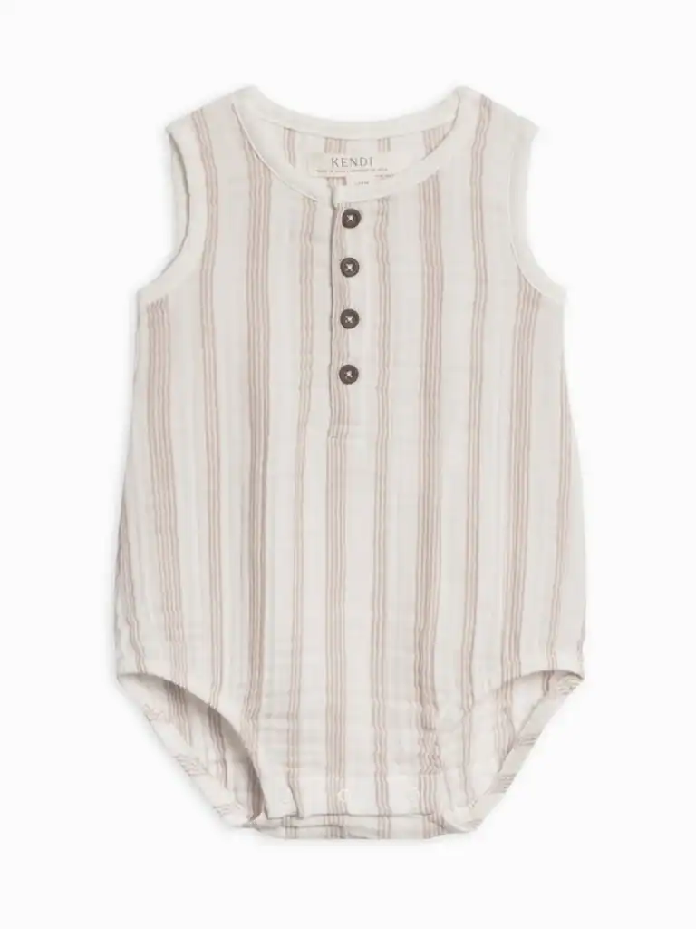 Striped baby sleeveless romper with buttons front.